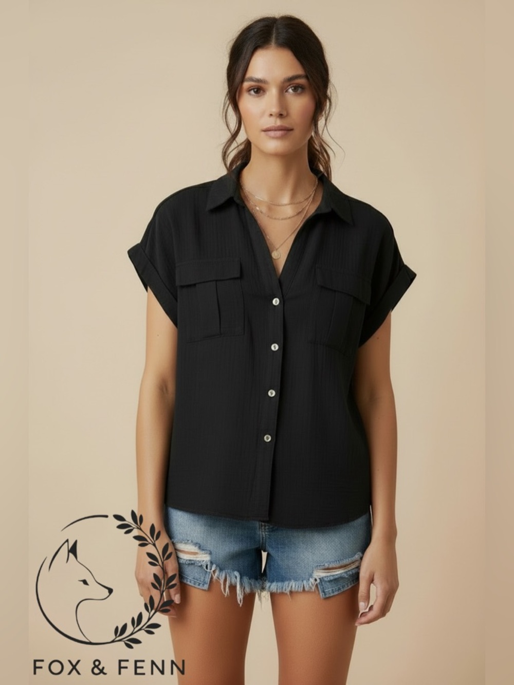 Black Button-Down Utility‎ Shirt - Women's
